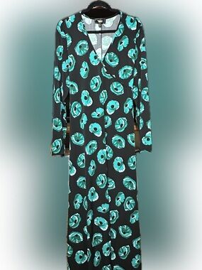 Twiggy London 1X Black Teal Floral Faux Wrap Maxi Dress Long Sleeve